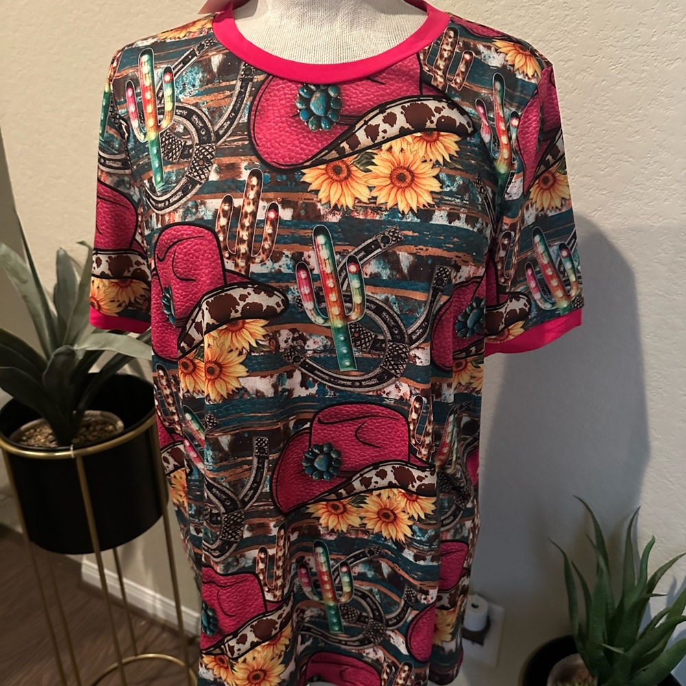 Very Pretty Cowgirl Pink Blouse with Cowgirl Hat and Cactus Design.